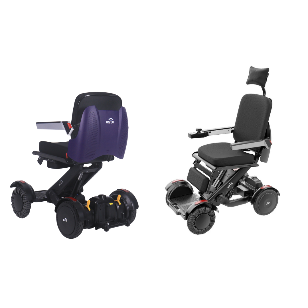 The XSTO Mobility M4 Self-Balancing Powerchair with APP Control features a modern black frame, padded seat, headrest, armrests, specialized wheels for travel mobility, and is lightweight and foldable.